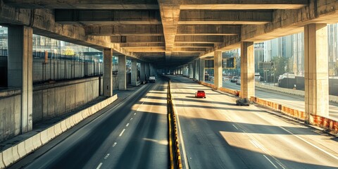 Fototapeta premium A view of a highway underpass with concrete beams and pillars, a red car driving on the asphalt road with yellow lines.