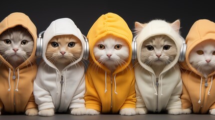 Fototapeta premium Set of Cute cat wear clothes fashion and wears headphones isolated on white background