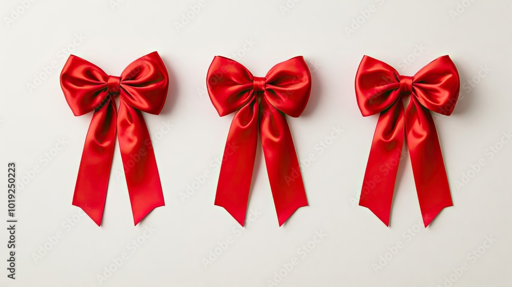 Poster three elegant red bows arranged on a light background for decoration generative ai