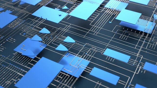 blue circuit board electrical diagram 3d animation. Can be used to represent superconductivity microchips, quantum computer manufacturing or logic gates of a semiconductor