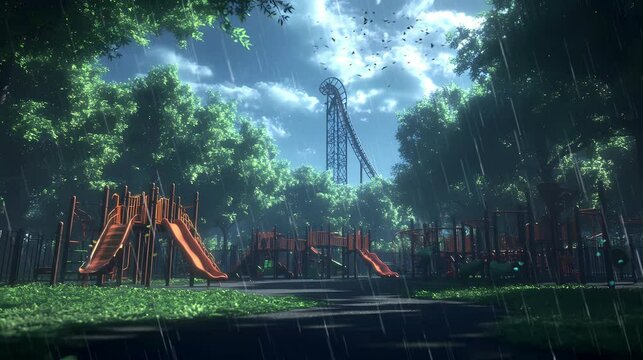 Bright playground equipment in a lush park with a thrilling roller coaster looping gracefully in the background, under the warm, filtered sunlight.