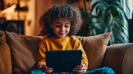 Young child smiling while using a digital tablet on a cozy sofa, enjoying technology at home in a warm, inviting living room setting.