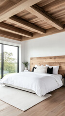 Modern bedroom with large window, white bedding and wooden beams.
