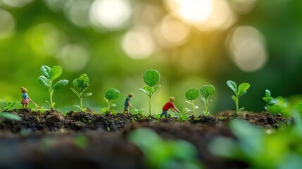 Small people work together to grow agricultural crops to meet their living needs and also protect their natural forest environment, environmental concepts and food production