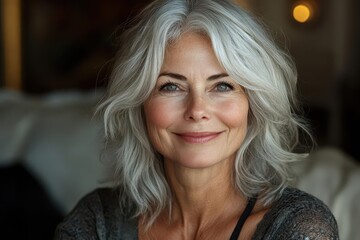 radiant mature beauty closeup portrait of smiling older woman with silver hair laugh lines and vibrant eyes exuding warmth and wisdom against soft natural light