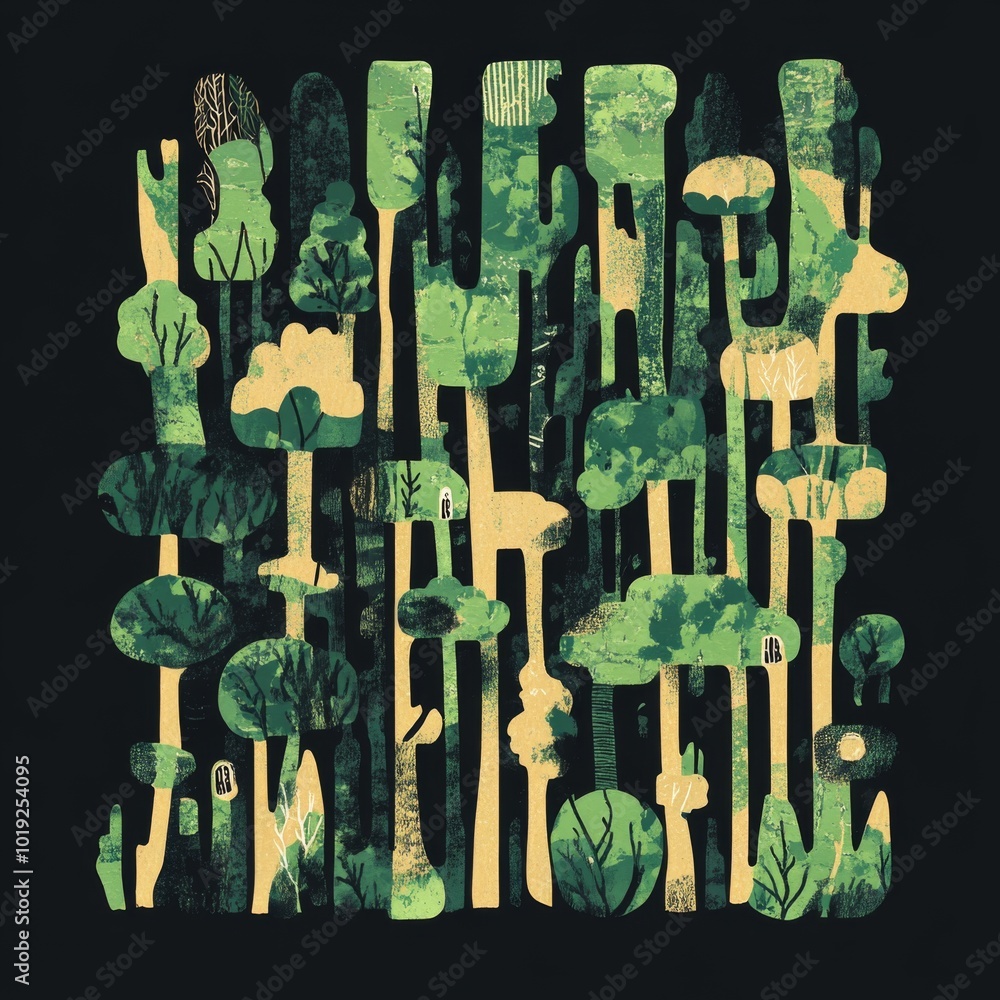 Poster abstract forest pattern with trees and leaves in green and yellow on a black background.