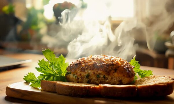 Frikadelle with Bun and Parsley on Cutting Board