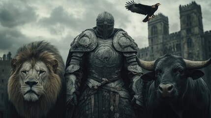 Fototapeta premium Symbolic creatures in Revelation: a lion for power, a bull for sacrifice, a man for reason, and an eagle for swiftness, representing divine vigilance and eternal praise.