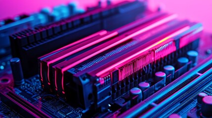 Close up macro shot of installed ram memory in computer motherboard slot technically advanced pc / server system modern high-end pc shot in stylish neon pink-blue colors