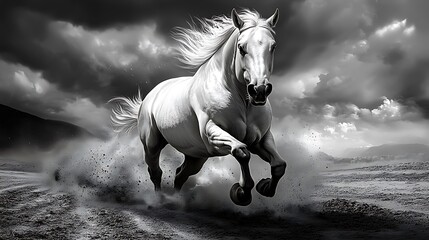 White Horse Running in Field with Storm Clouds