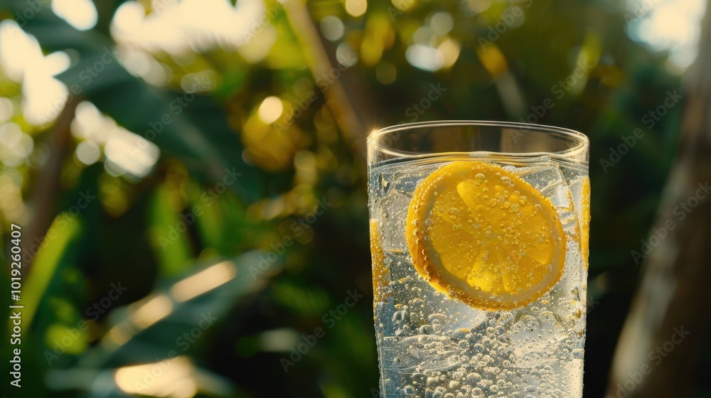 Aufkleber refreshing lemonade in sparkling water with bokeh background