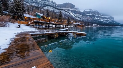Wooden Dock Overlooking Clear Blue Lake and Snowy Mountains in Winter