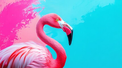 A vibrant pink flamingo stands gracefully against a colorful background, showcasing its elegant neck and striking features.
