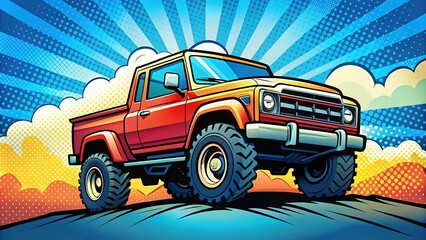 Colorful comic book style illustration of a rugged truck with bold lines, bright colors, and dynamic shading, set against a bright blue sky with fluffy clouds.