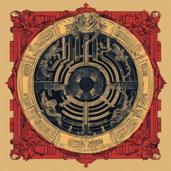 Obraz premium Circular pattern with a maze, dragons and other mythical creatures surrounding a black disc.