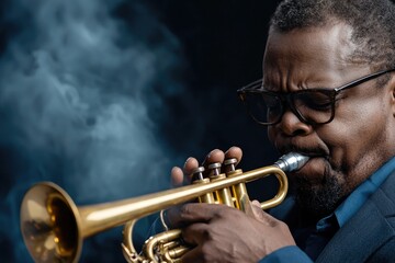 Obraz premium Melodic genius: jazz musician captivates audience with soulful melodies, improvisation, blending rhythm and emotion, creating unforgettable experience filled with vibrant energy, artistic expression