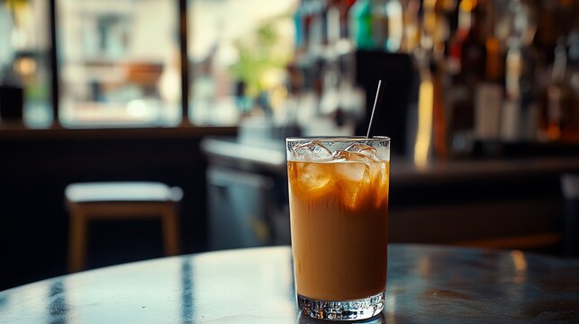 A glass of iced coffee sits on a table in front of a bar