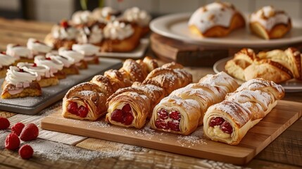 Freshly Baked Pastries on Wooden Table Display