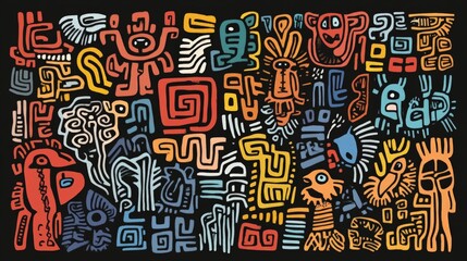 Abstract colorful doodle pattern with geometric shapes, animals and symbols.
