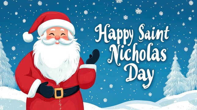 Jolly santa claus in white beard and red suit waving in snowy winter landscape with happy saint nicholas day text, celebrating happiness and cheer, happy st. nicholas day, ai - Powered by Adobe