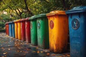 Obraz premium recycling bins line a wellmaintained city park each brightly colored and clearly marked symbolizing community commitment to sustainability and environmental responsibility in an urban setting