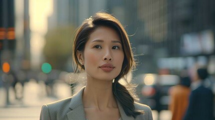 Fototapeta premium Confident Woman in Urban Setting on Busy Street