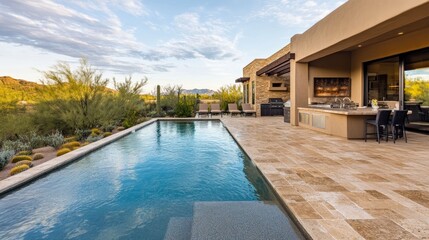Fototapeta premium A desert landscaped backyard featuring a travertine pool deck and outdoor kitchen