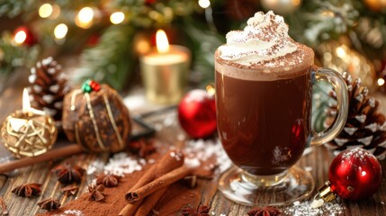 Cozy Hot Chocolate with Winter Decor and Lights