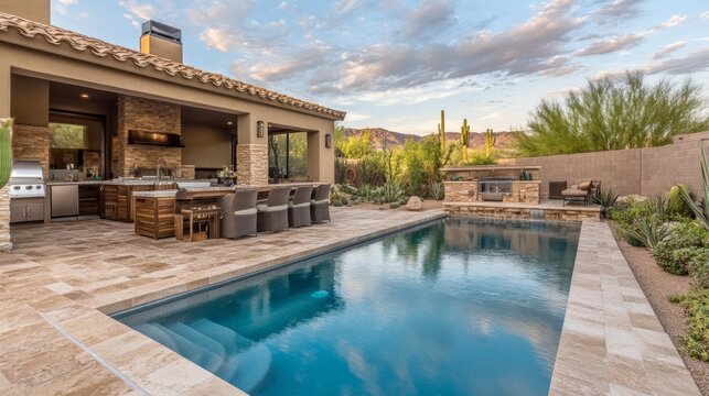 A desert landscaped backyard featuring a travertine pool deck and outdoor kitchen