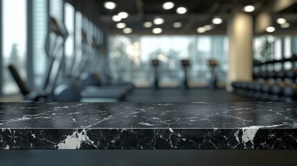 Empty black marble stone table top on blurred with bokeh exercise room fitness and gym interior background - can be used for display or montage your products