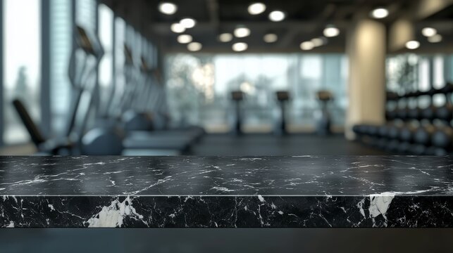Empty black marble stone table top on blurred with bokeh exercise room fitness and gym interior background - can be used for display or montage your products