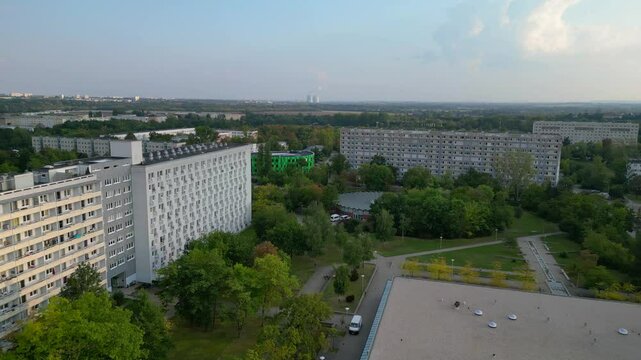 halle neustadt plattenbau worker district. Amazing aerial view flight drone