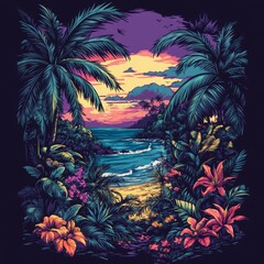 Naklejka premium Tropical sunset view through lush foliage.
