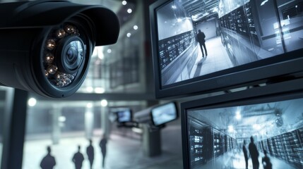 Fototapeta premium Surveillance camera cctv footage multiple screens show inside building unrecignizible people walk high-tech security data protection mock-up screen replacement template for computer displays