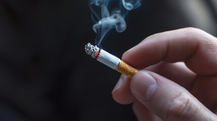 Lit cigarette with smoke in someones left hand on a black background with saturated colors and an edgy aesthetic