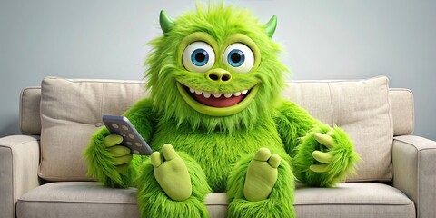 A bright green, goofy monster with big eyes and a goofy grin is sitting on a couch, wearing a pair of fuzzy slippers and holding a remote.