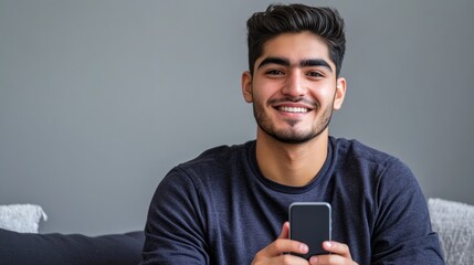 Smiling young man holding mobile phone while sitting on a sofa at home with mobile with gray background