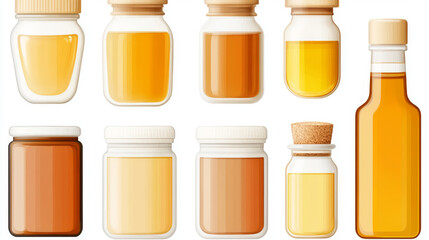 Collection of glass jars and bottles, filled with different liquids, on a white background.