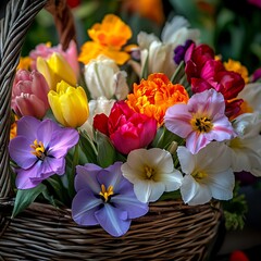 A vibrant basket filled with various colorful flowers, showcasing nature's beauty and diversity.
