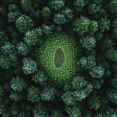 Aerial view of a vibrant green pond surrounded by dense forest, showcasing nature's beauty and biodiversity.
