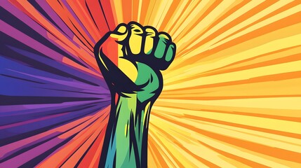 raised fist holding a rainbow flag