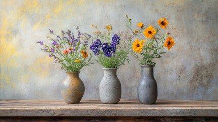 Three ceramic vases with colorful wildflowers arranged on a wooden surface against a textured wall.