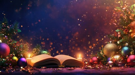 Fototapeta premium Festive open book of wishes with christmas ornaments and candle light on starlit background, celebrating joyous st. nicholas day, ai
