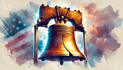 Liberty Bell For Patriot Day, Freedom Bell, Independence Day Illustration. Watercolor US Colors, Stars and Stripes Abstract Bell Design. Generative AI	