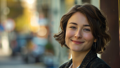 Fototapeta premium Portrait of a Happy Young Woman Smiling Outdoors in Urban Setting - Natural Light Photograph