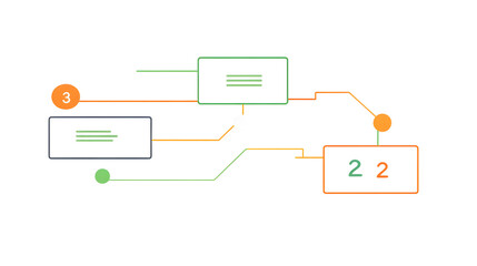 white rectangular box design, connected by orange and green lines with the number 2, a flat vector graphic design on a pure background. The color of the three-text box design