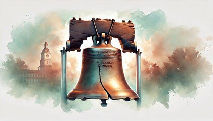 Liberty Bell For Patriot Day, Freedom Bell, Independence Day Illustration. Watercolor US Colors, Stars and Stripes Abstract Bell Design. Generative AI	