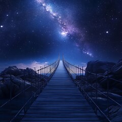 Obraz premium A serene wooden bridge leading to a starry galaxy, evoking a sense of wonder and exploration.