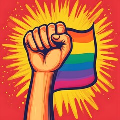 raised fist holding a rainbow flag