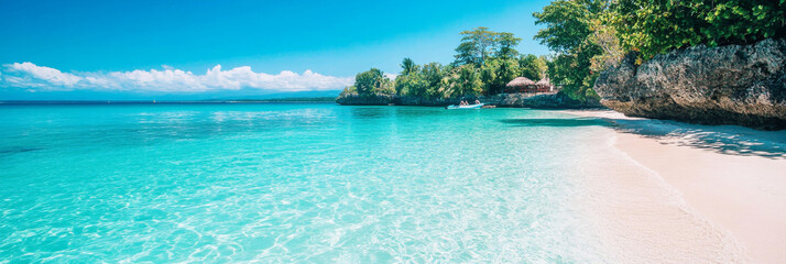 Crystal clear water laps the white sand shore of a tropical beach.